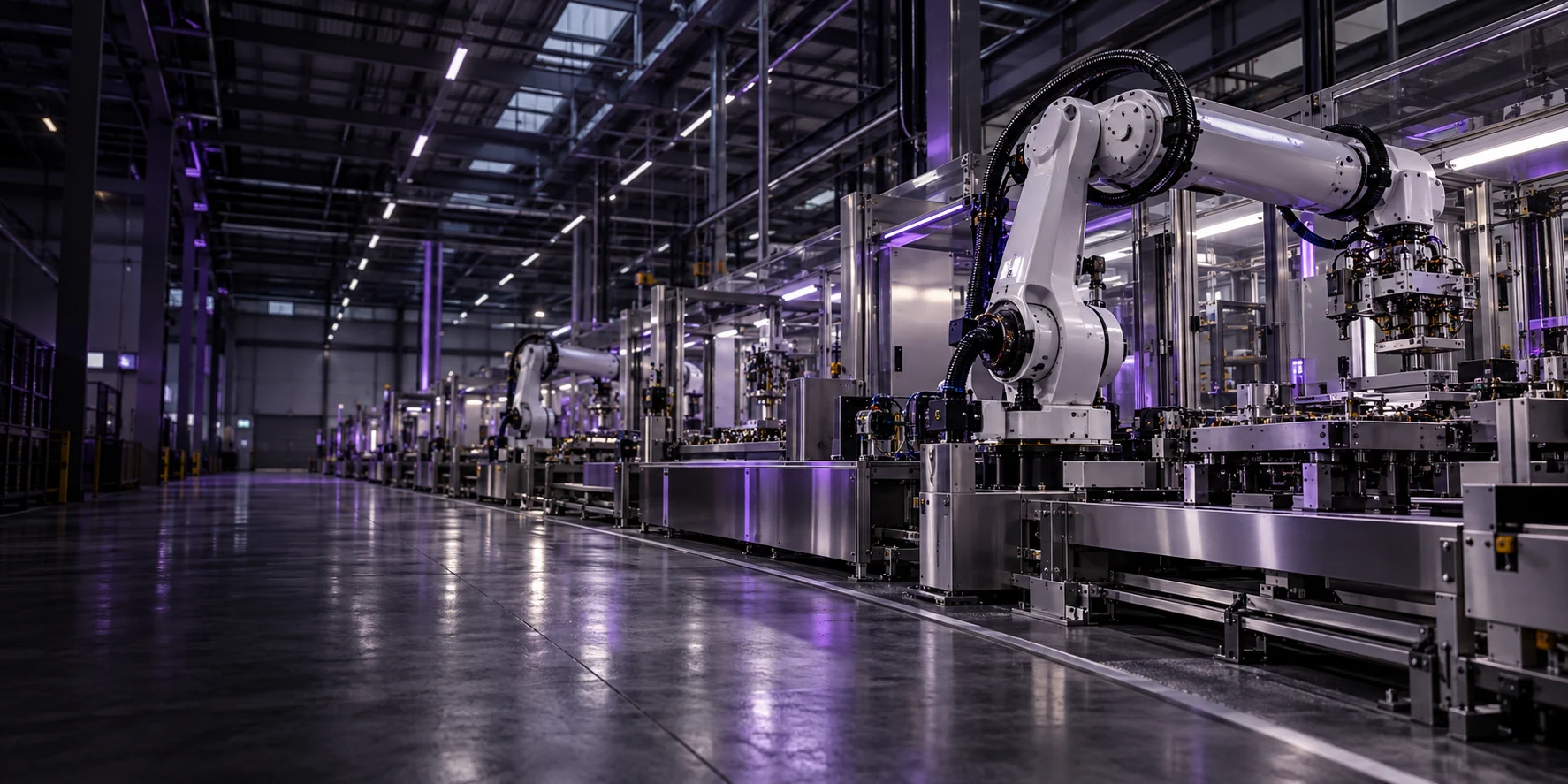 Robotic arms and automated equipment along a manufacturing production line.