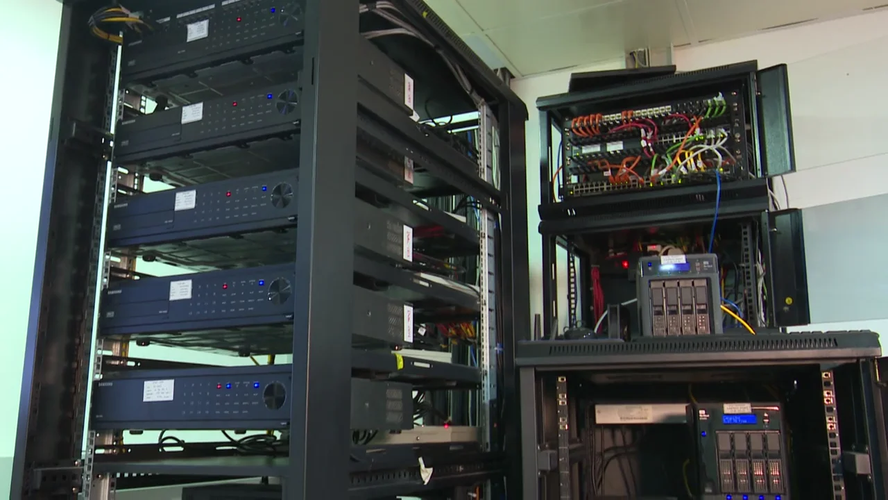 Illustrative server and network racks supporting connected infrastructure.